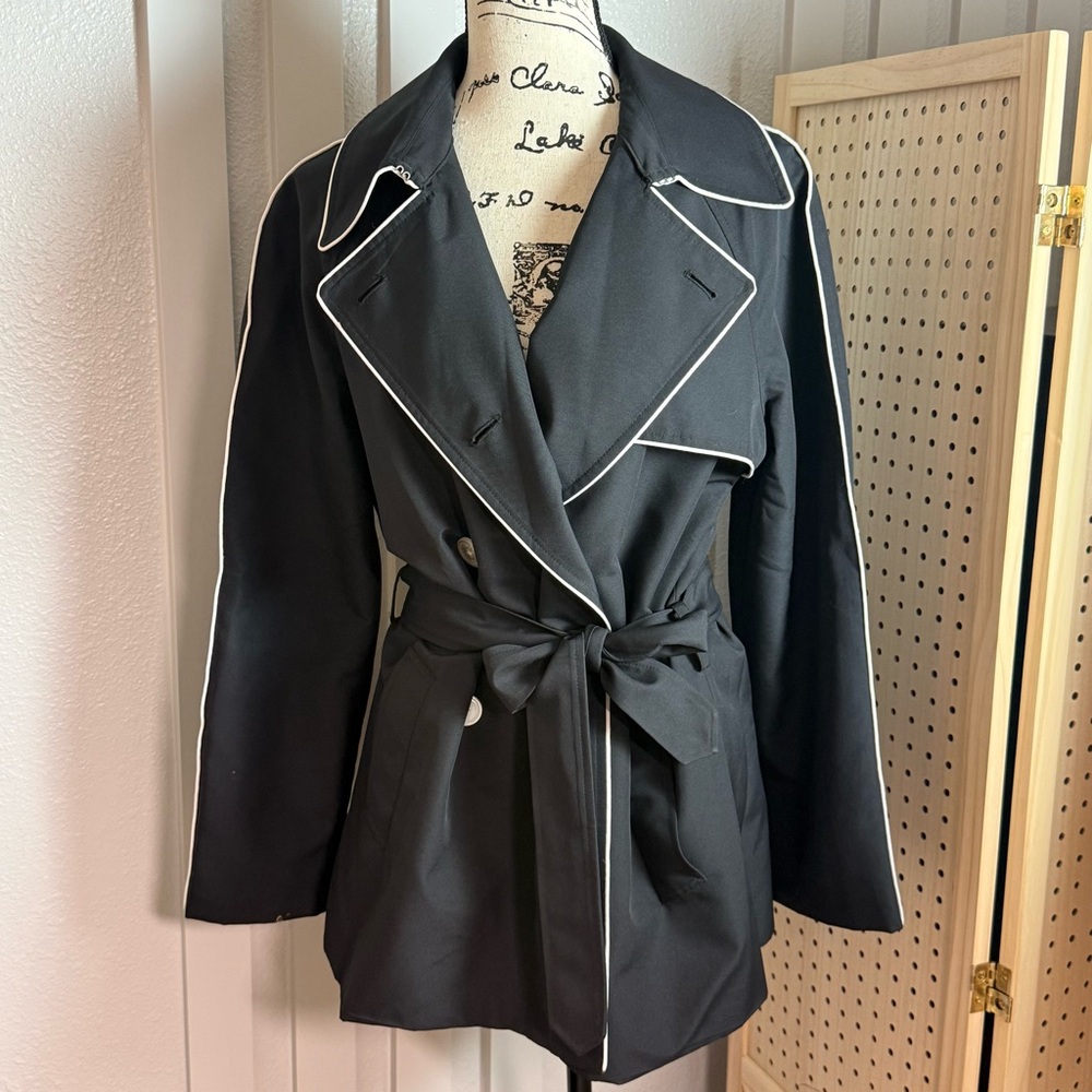 Chaps Ralph Lauren Black Trench Coat White Piping Belted Double Breasted L - Picture 4 of 10